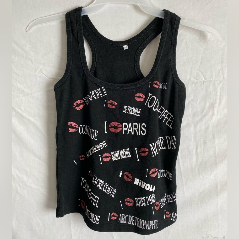 I Love Paris tank top, black with names of landmarks. Size 2